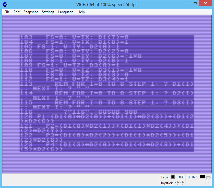 Typing the BASIC program into VICE