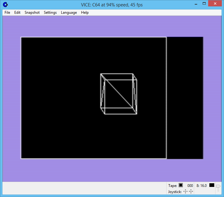 Wireframe cube rendered on a Commodore 64