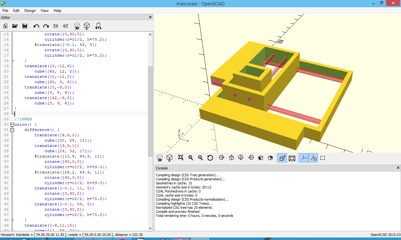 Mini CNC frame designed in OpenSCAD with guide rods highlighted