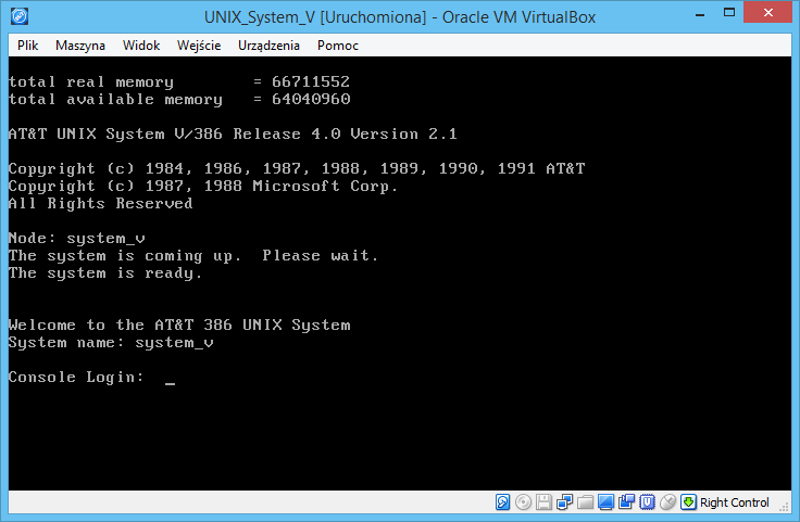 UNIX System V R4.2 welcome screen in VirtualBox